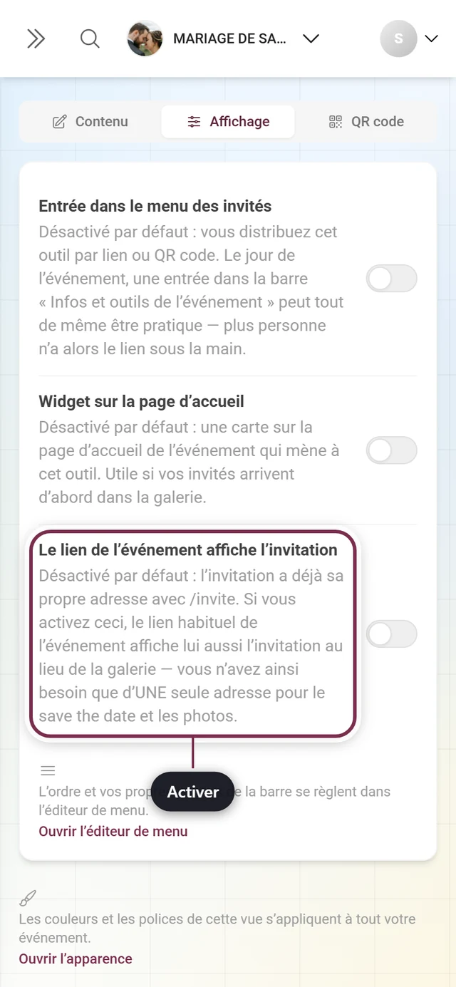 Onglet Affichage de l'invitation avec l'interrupteur du lien de l'événement mis en évidence