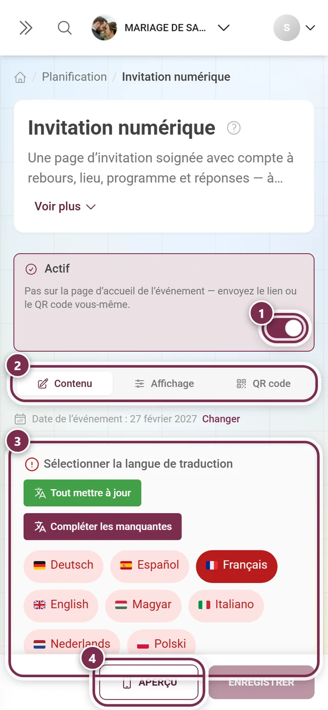 Éditeur de l'invitation numérique avec l'interrupteur principal, les onglets, le bloc de langues et le bouton d'aperçu mis en évidence