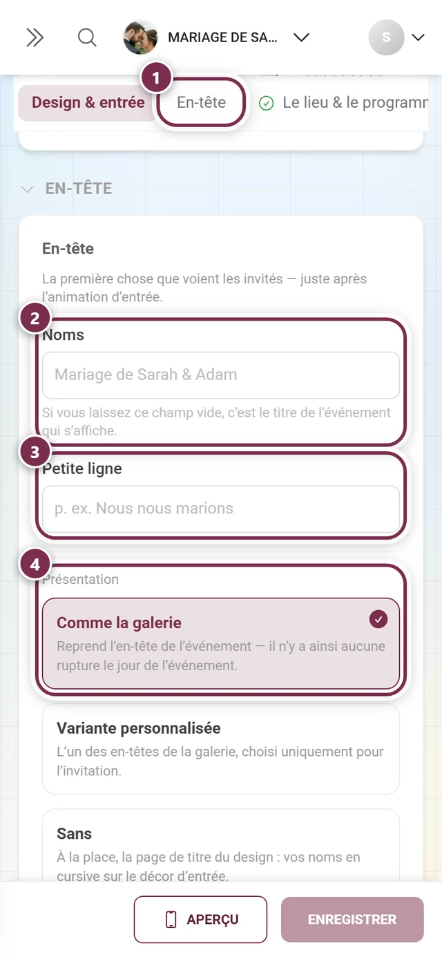 Section En-tête avec des anneaux numérotés autour de l'ancre, Noms, Petite ligne et la présentation