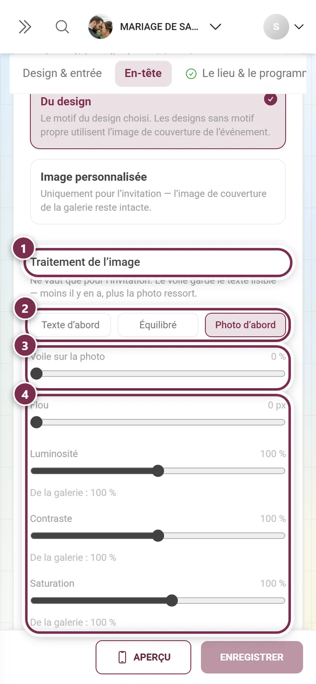 Traitement de l'image avec des anneaux numérotés autour du titre, des trois préréglages, du curseur de voile et des quatre autres curseurs