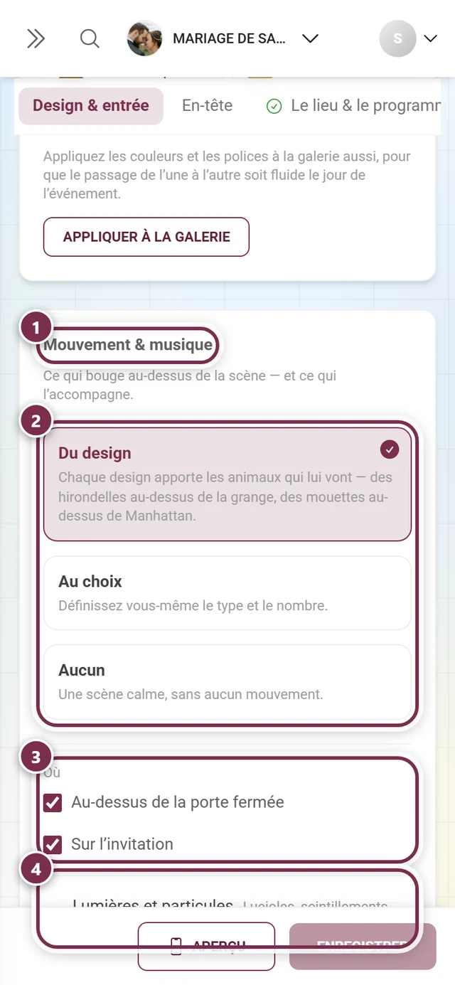 Section Mouvement & musique avec des anneaux numérotés autour du titre, des trois cartes, des cases à cocher Où et Lumières et particules