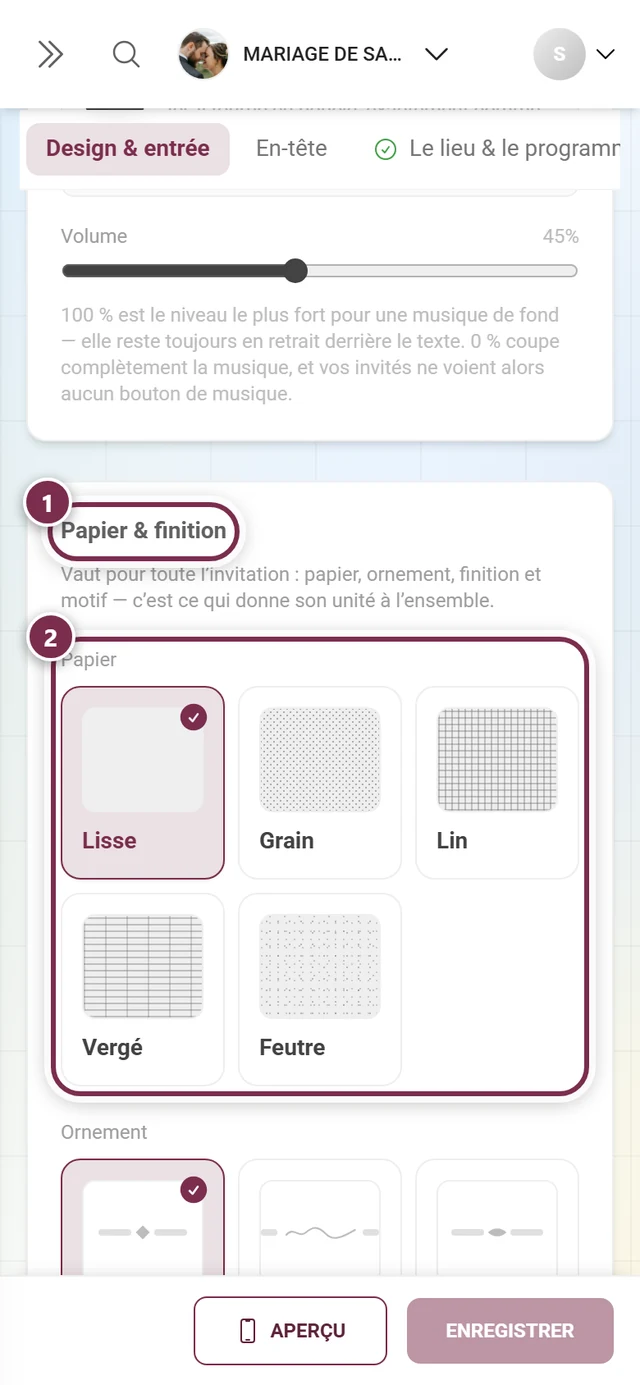 Section Papier & finition avec des anneaux numérotés autour du titre et du choix du papier
