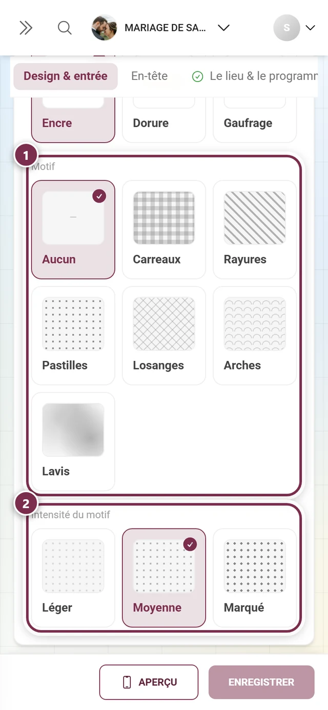 Motif et intensité du motif avec des anneaux numérotés