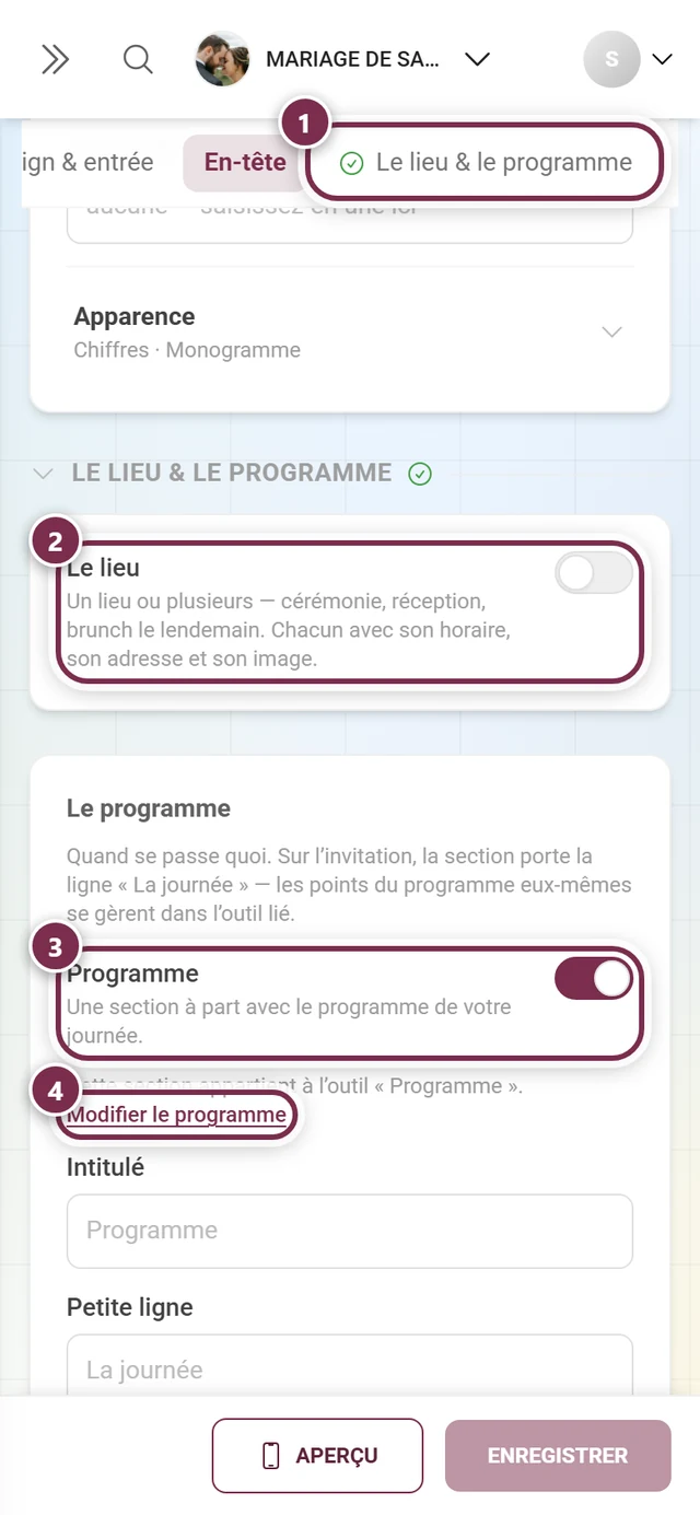 Section Le lieu & le programme avec des anneaux numérotés autour de l'ancre, des deux interrupteurs et de Modifier le programme
