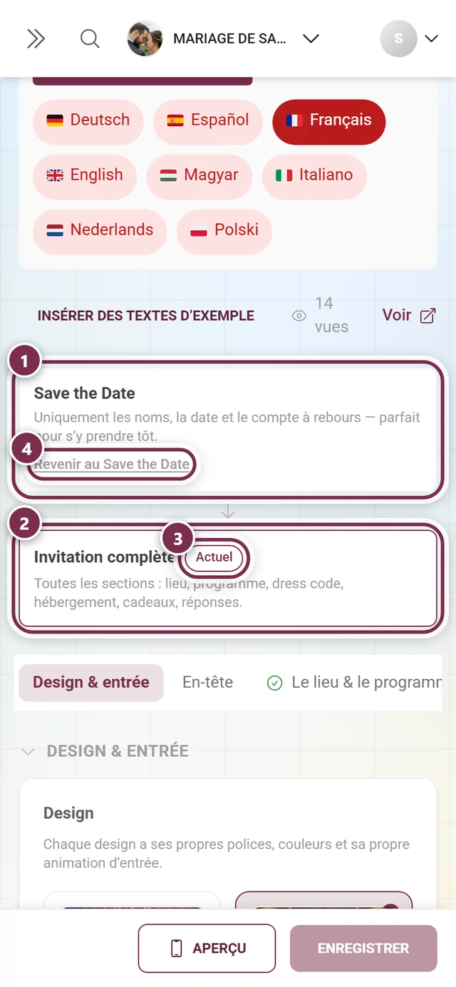 Les deux cartes Save the Date et Invitation complète avec des anneaux numérotés