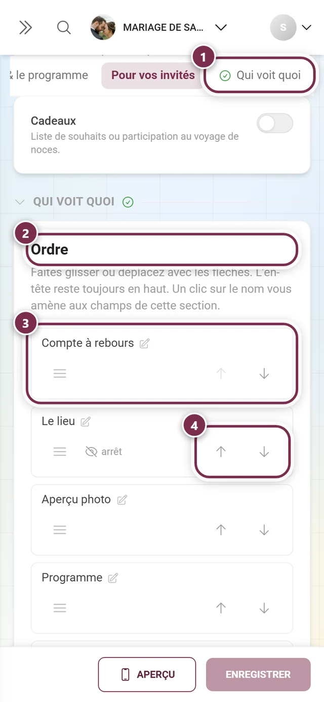 Section Qui voit quoi avec des anneaux numérotés autour de l'ancre, du titre Ordre, de la ligne Compte à rebours et des flèches de la ligne Le lieu