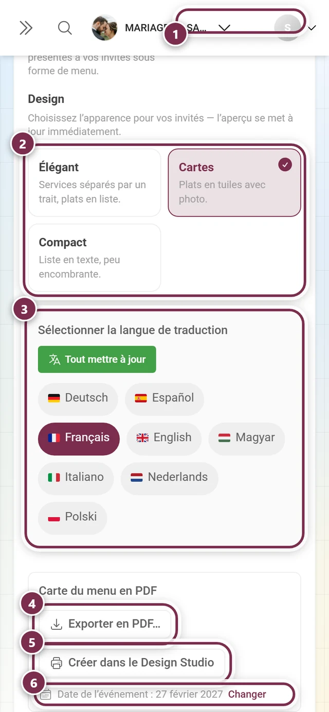 En-tête de l'onglet Contenu avec le compteur, les trois vignettes de design, le sélecteur de langue et les boutons d'export