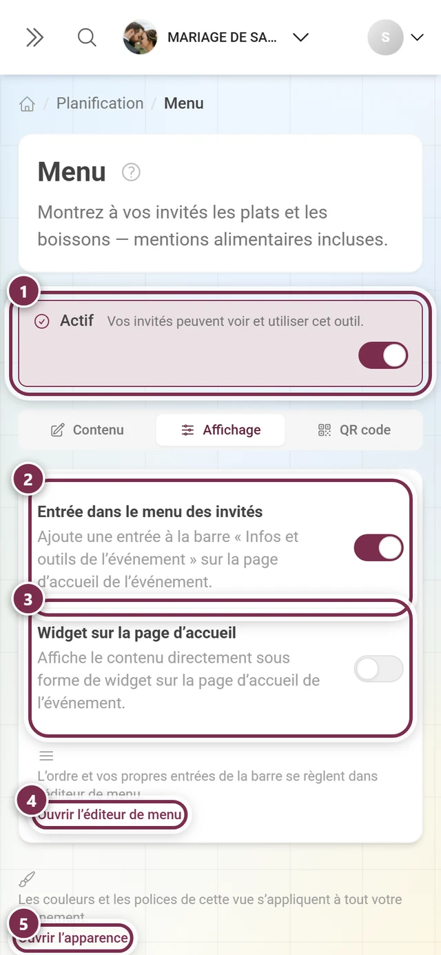 Onglet Affichage de l'outil menu avec l'interrupteur Actif, Entrée dans le menu des invités et Widget sur la page d'accueil