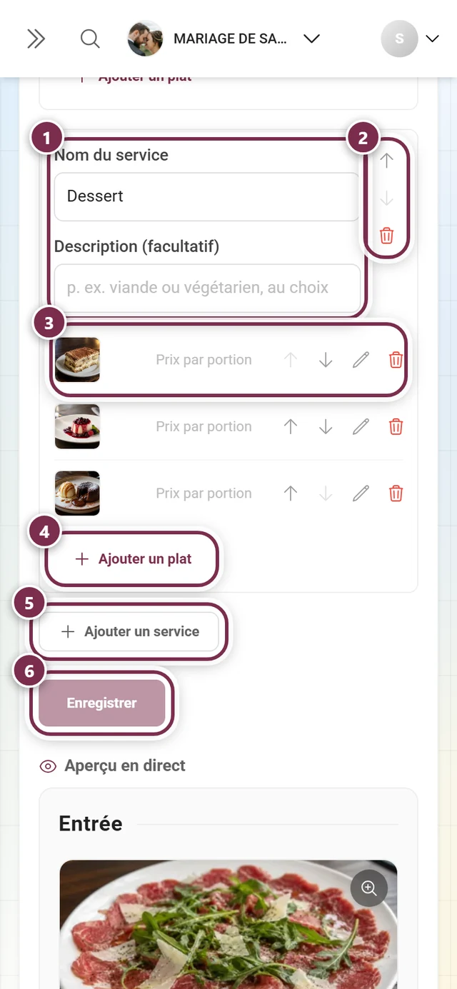 Éditeur de menu avec le service Dessert et les plats Tiramisu, Panna cotta et Gâteau au chocolat