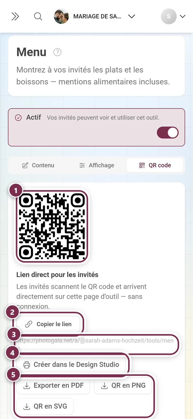 Onglet QR code de l'outil menu avec le QR code, le lien direct et les boutons Copier le lien, Créer dans le Design Studio, Exporter en PDF, QR en PNG et QR en SVG