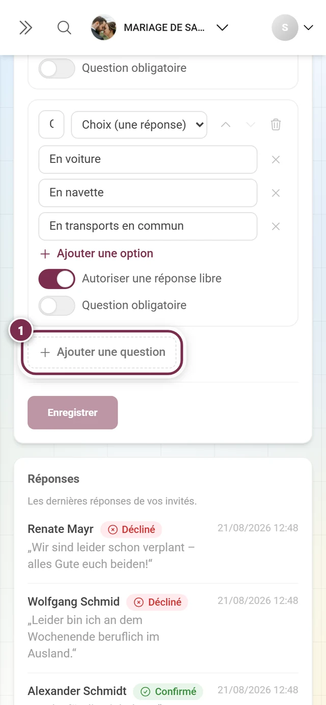 Le bouton Ajouter une question sous les questions existantes