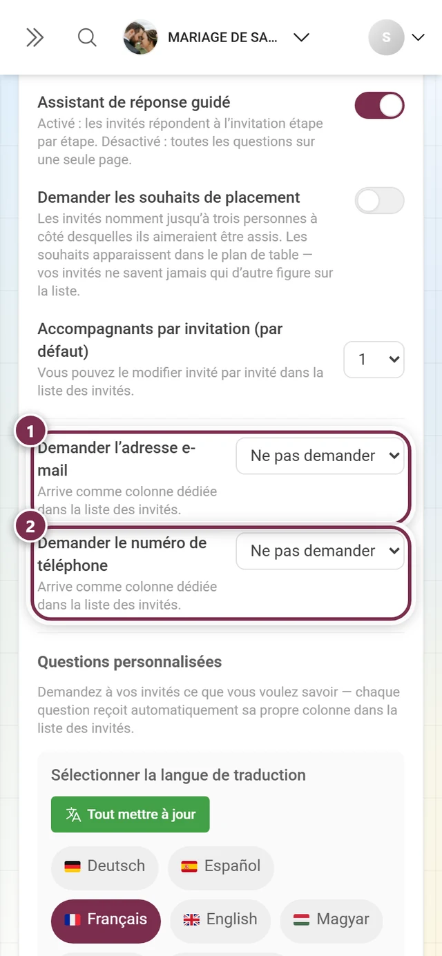 Les deux questions de contact pour l'adresse e-mail et le numéro de téléphone
