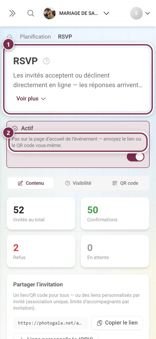 En-tête de l'éditeur RSVP avec le titre et le bandeau actif