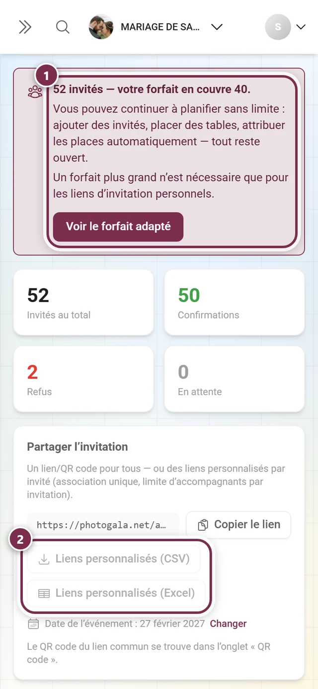 Encadré de quota au-dessus de l'éditeur et les boutons grisés pour les liens personnalisés
