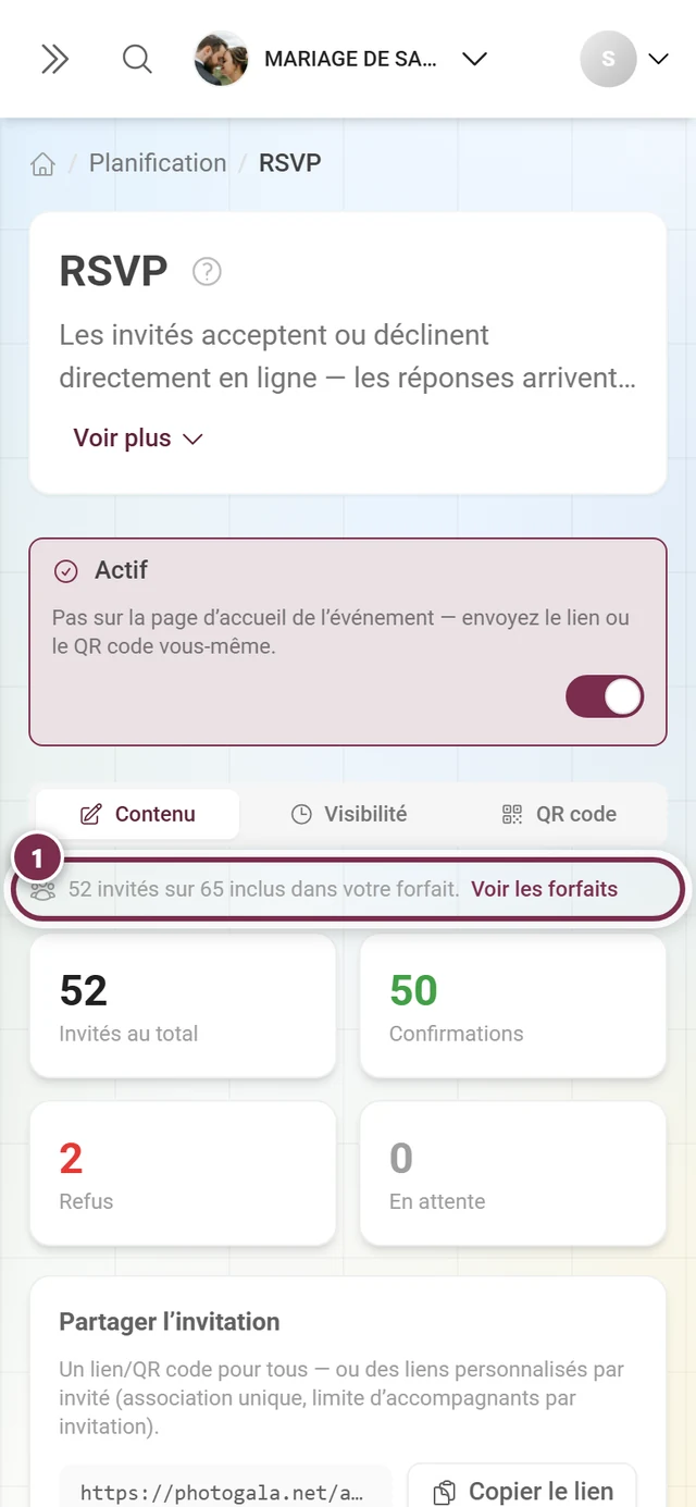 Fine bannière au-dessus des chiffres clés : 52 invités sur 65 inclus dans votre forfait