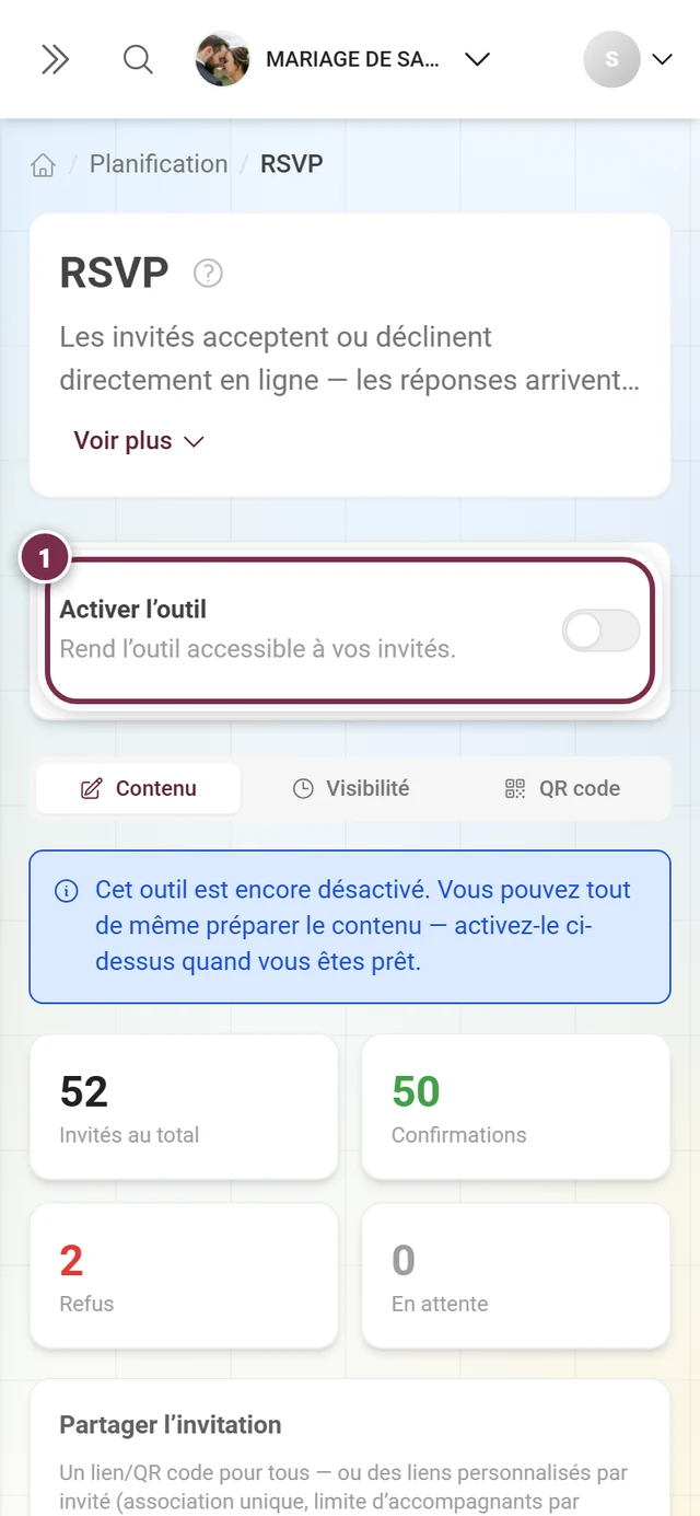 La carte Activer l'outil à l'état désactivé avec l'indication bleue en dessous