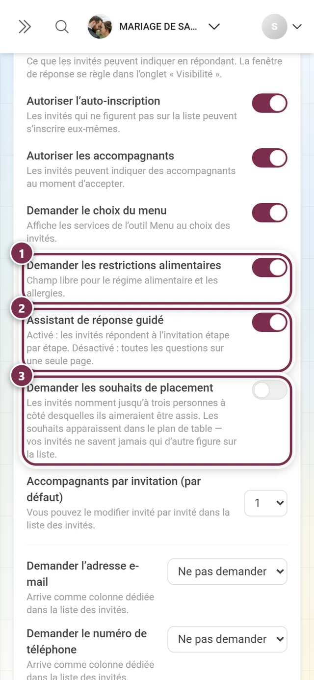 Les trois options de réponse suivantes : restrictions alimentaires, assistant de réponse et souhaits de placement