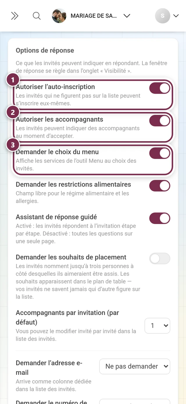 Les trois premières options de réponse : auto-inscription, accompagnants et choix du menu