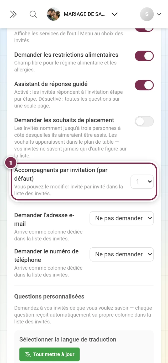 Le menu déroulant Accompagnants par invitation (par défaut)