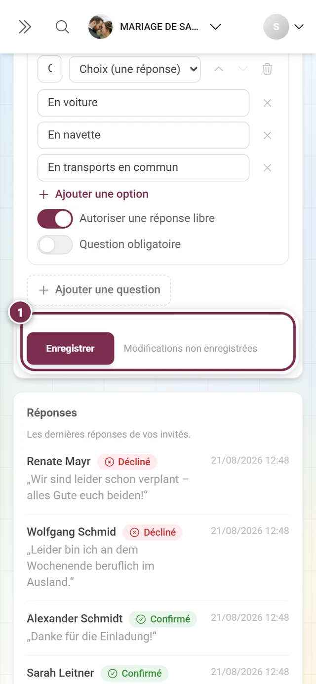 La ligne d'enregistrement avec l'indication Modifications non enregistrées