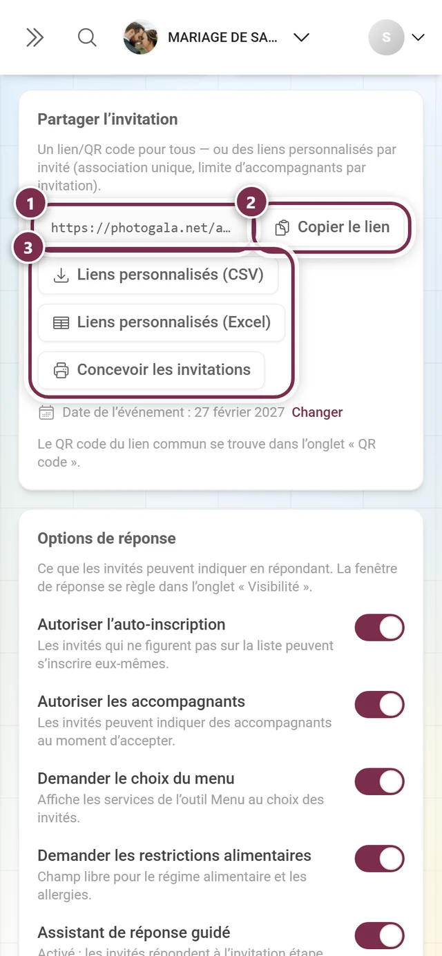 Section Partager l'invitation avec l'adresse, Copier le lien et les trois boutons de diffusion