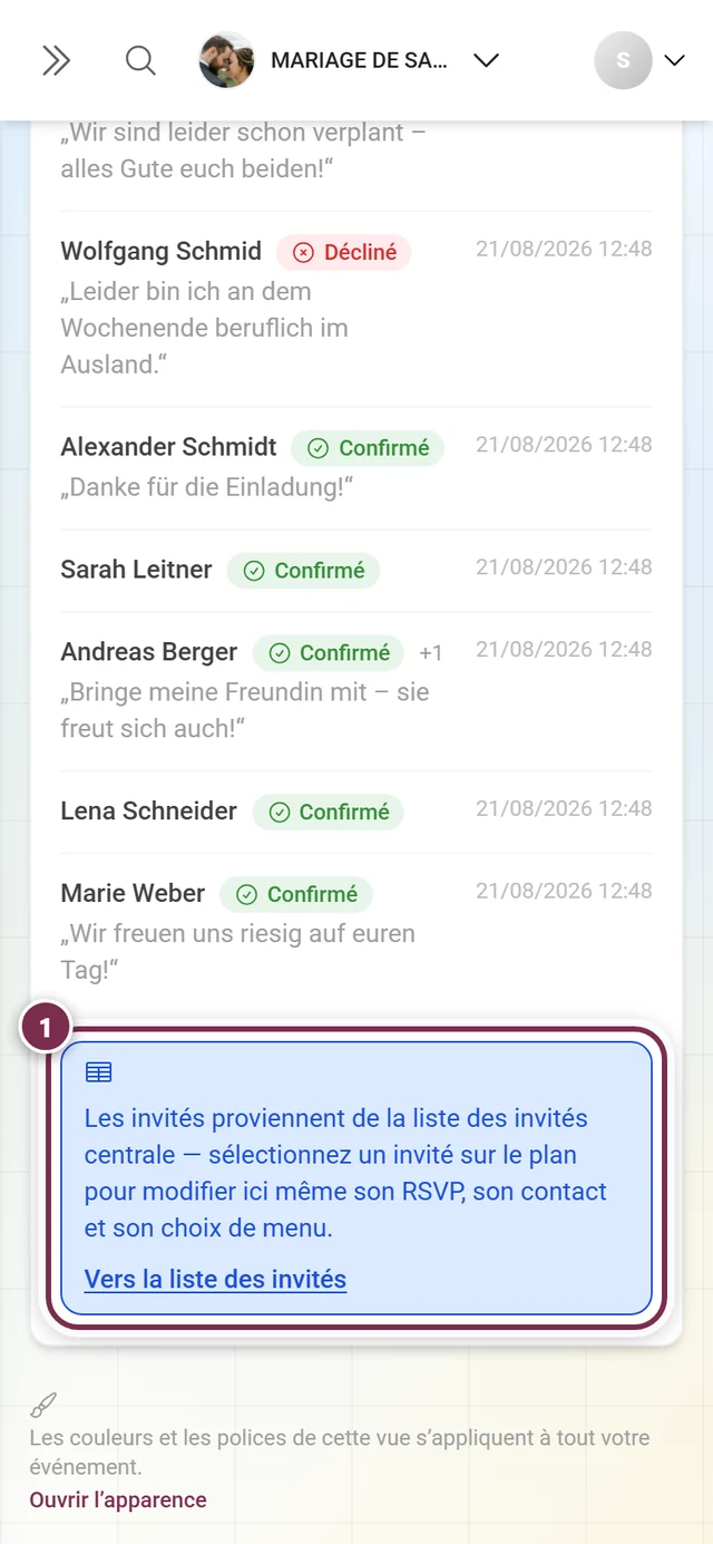 L'encadré d'information sous la liste des réponses avec le bouton Vers la liste des invités