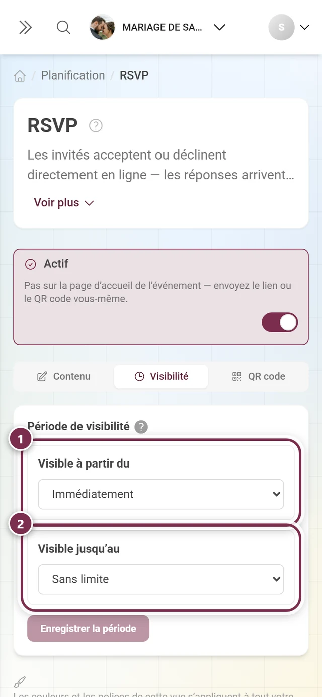 Onglet Visibilité avec Visible à partir du et Visible jusqu'au