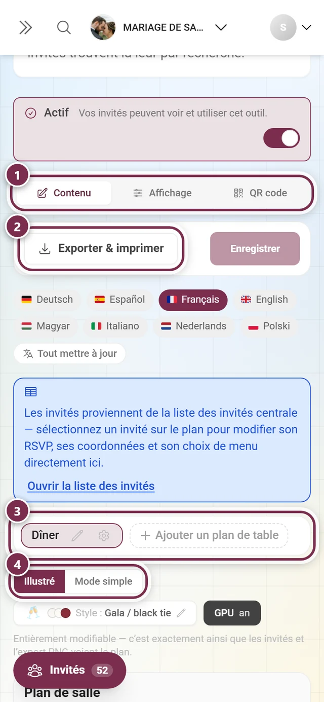Éditeur du plan de table avec la note bleue sur la liste centrale des invités et le sélecteur de plan