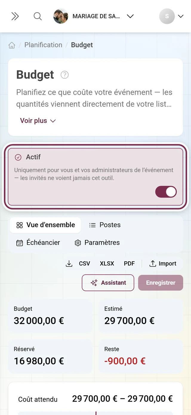 Éditeur du budget avec la ligne explicative destinée aux outils réservés aux administrateurs