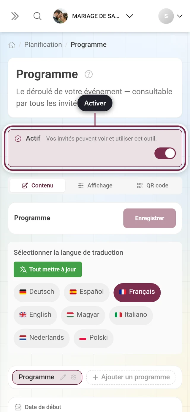 Éditeur d'outil avec le bandeau actif mis en évidence au-dessus des onglets