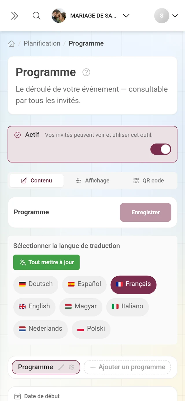Éditeur d'un outil avec le bandeau actif et la barre d'onglets