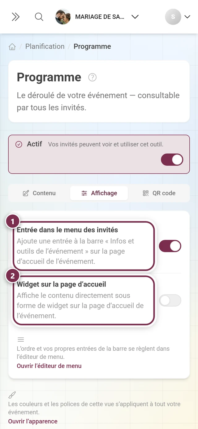 Onglet Affichage avec des anneaux numérotés autour des deux interrupteurs