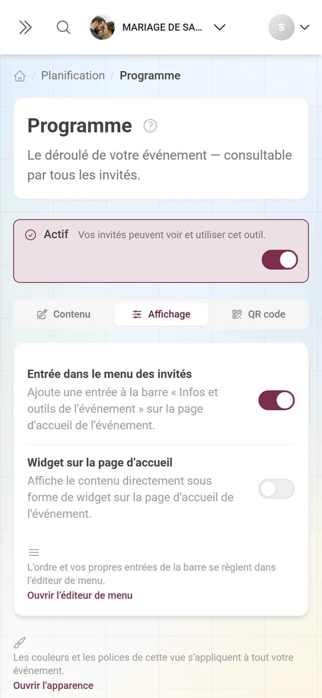 Onglet Affichage avec les interrupteurs pour le widget et le menu des invités