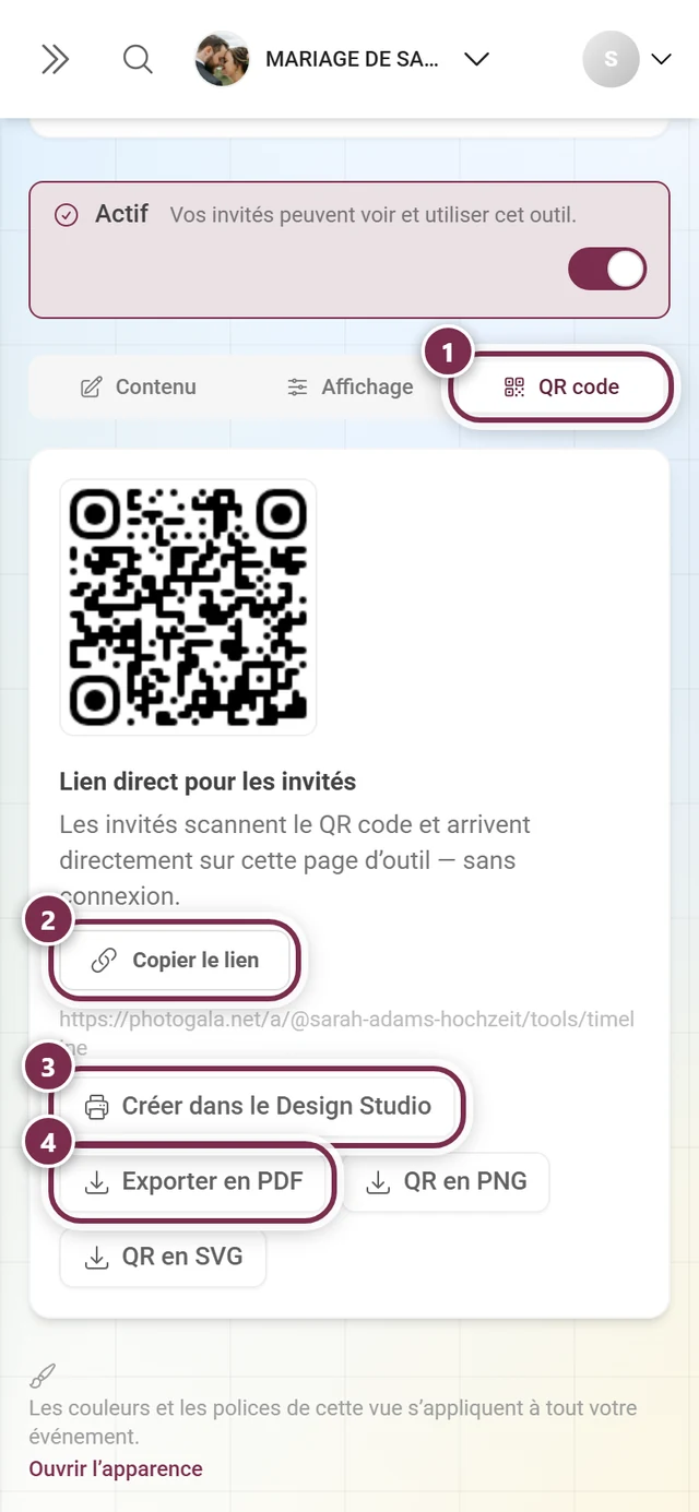 Onglet QR code avec des anneaux numérotés autour de l'onglet, Copier le lien, Créer dans le Design Studio et Exporter en PDF