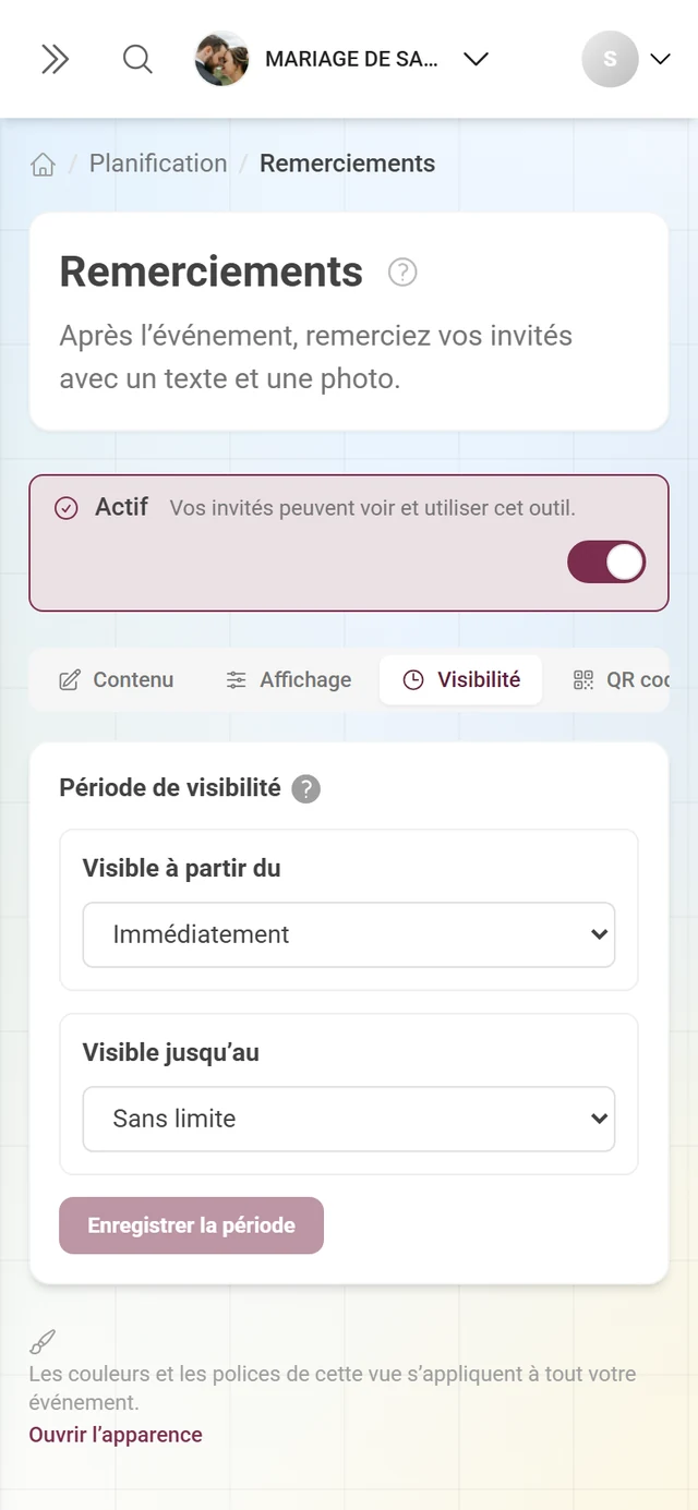 Onglet Visibilité avec les modes pour les instants de début et de fin