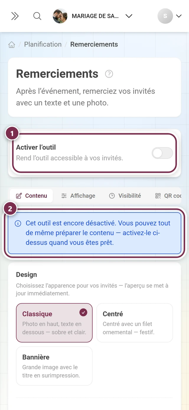 Outil Remerciements désactivé avec une notice bleue sur le mode brouillon
