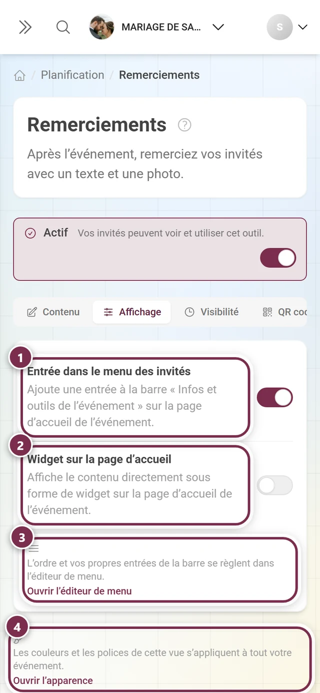 Onglet Affichage avec les commutateurs pour le menu des invités et le widget de la page d'accueil, ainsi que deux liens croisés