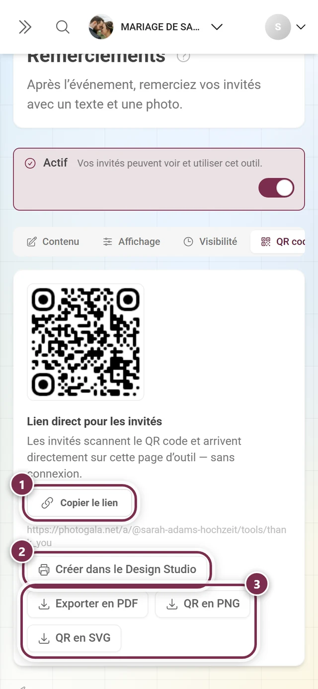 Onglet QR code avec le lien direct, le bouton Design Studio et les trois exports de fichier