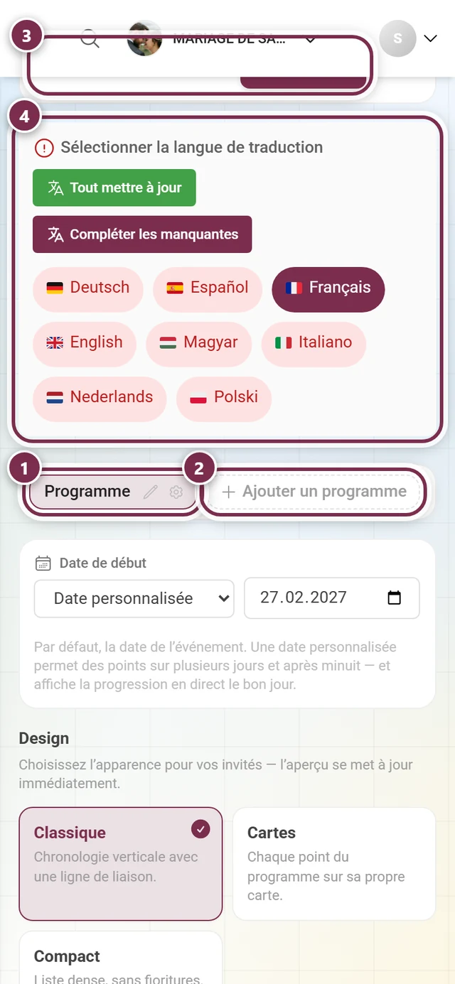 Outil Programme avec la rangée d'onglets, Ajouter un programme, la barre de langue et Enregistrer mis en évidence
