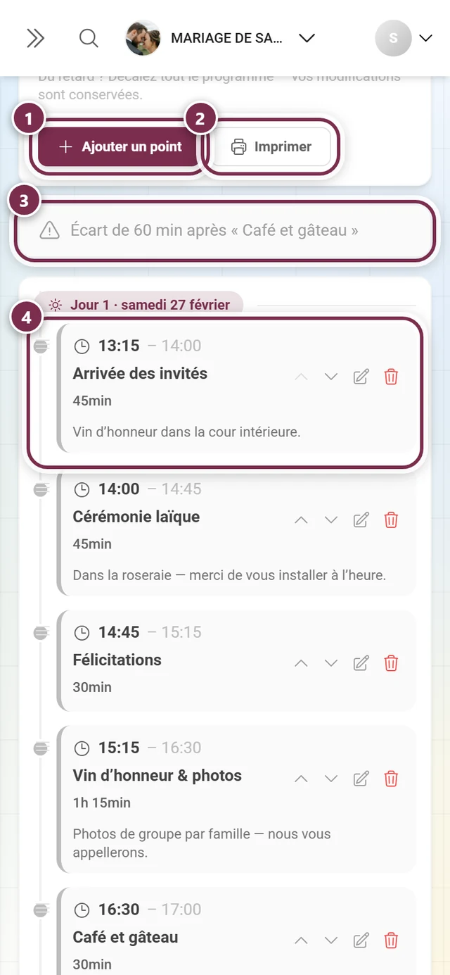 Éditeur du programme avec Ajouter un point, Imprimer, l'avertissement de trou et le premier point mis en évidence