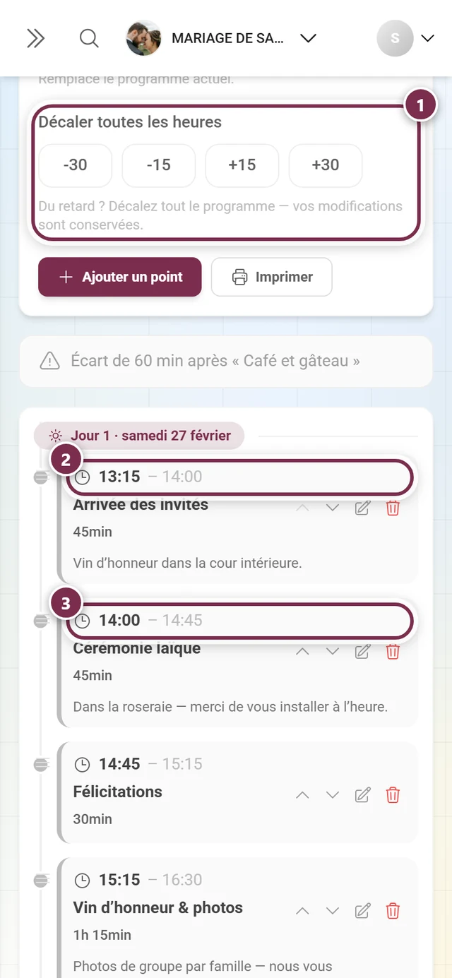 Bloc Décaler toutes les heures avec les quatre boutons et les deux premiers points du programme mis en évidence