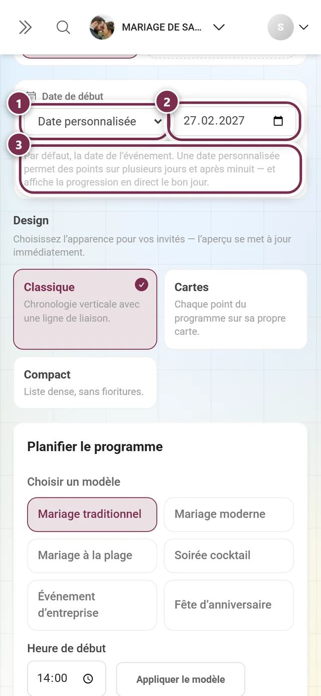Section Date de début avec la liste déroulante, le champ date et le texte explicatif mis en évidence