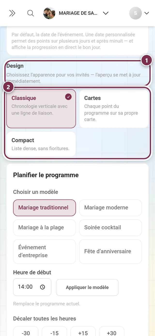 Section Design avec le titre, sa remarque et les trois cartes de design mis en évidence