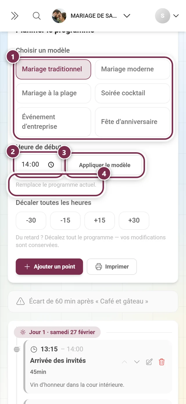 Section Planifier le programme avec la grille de modèles, l'heure de début, Appliquer le modèle et la remarque mis en évidence
