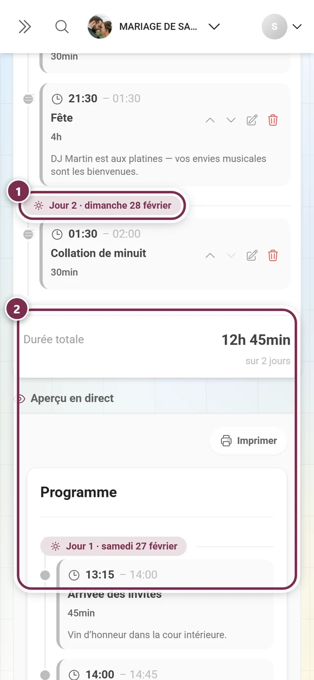 Fin de la liste des points du programme avec le séparateur de jour et le pied de page Durée totale mis en évidence