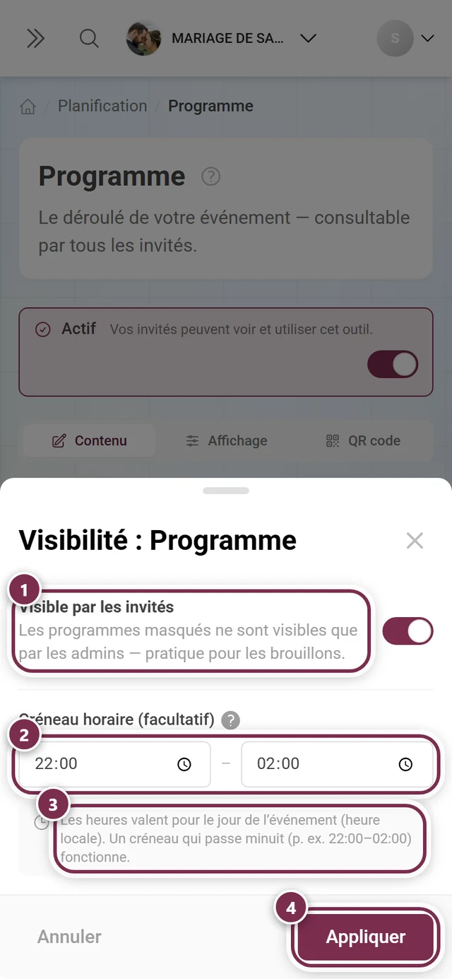 Boîte de dialogue Visibilité : Programme avec l'interrupteur, les deux champs horaires, la remarque et le bouton Appliquer mis en évidence