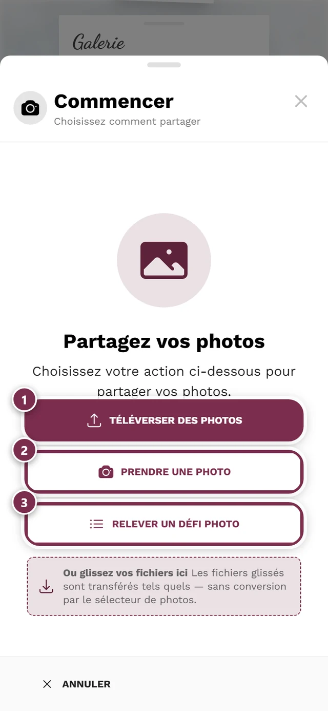 Boîte de dialogue de téléversement avec les sources Choisir une photo et Prendre une photo