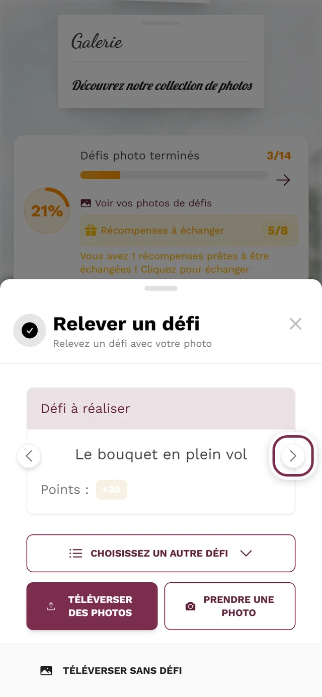 Carte de défi dans la boîte de dialogue de téléversement, la flèche Défi suivant est mise en évidence