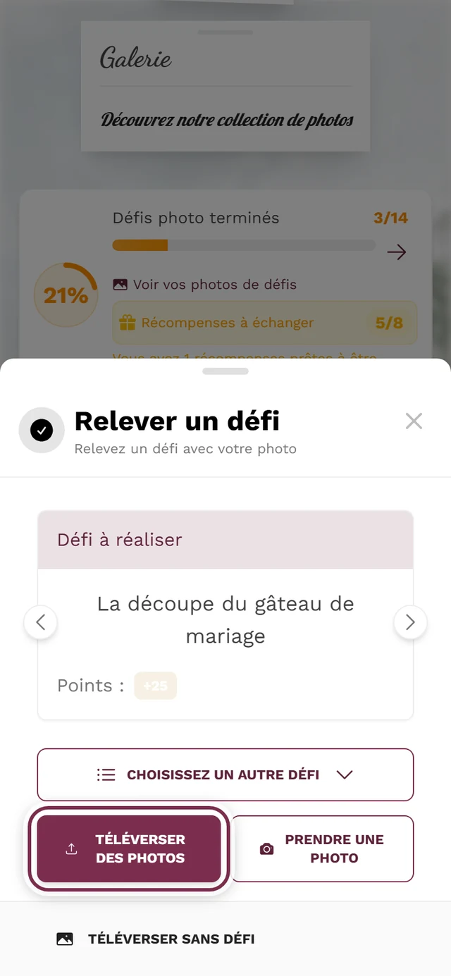 Étape 2 de la boîte de dialogue de téléversement montrant le défi sélectionné, avec le bouton Choisir une photo mis en évidence