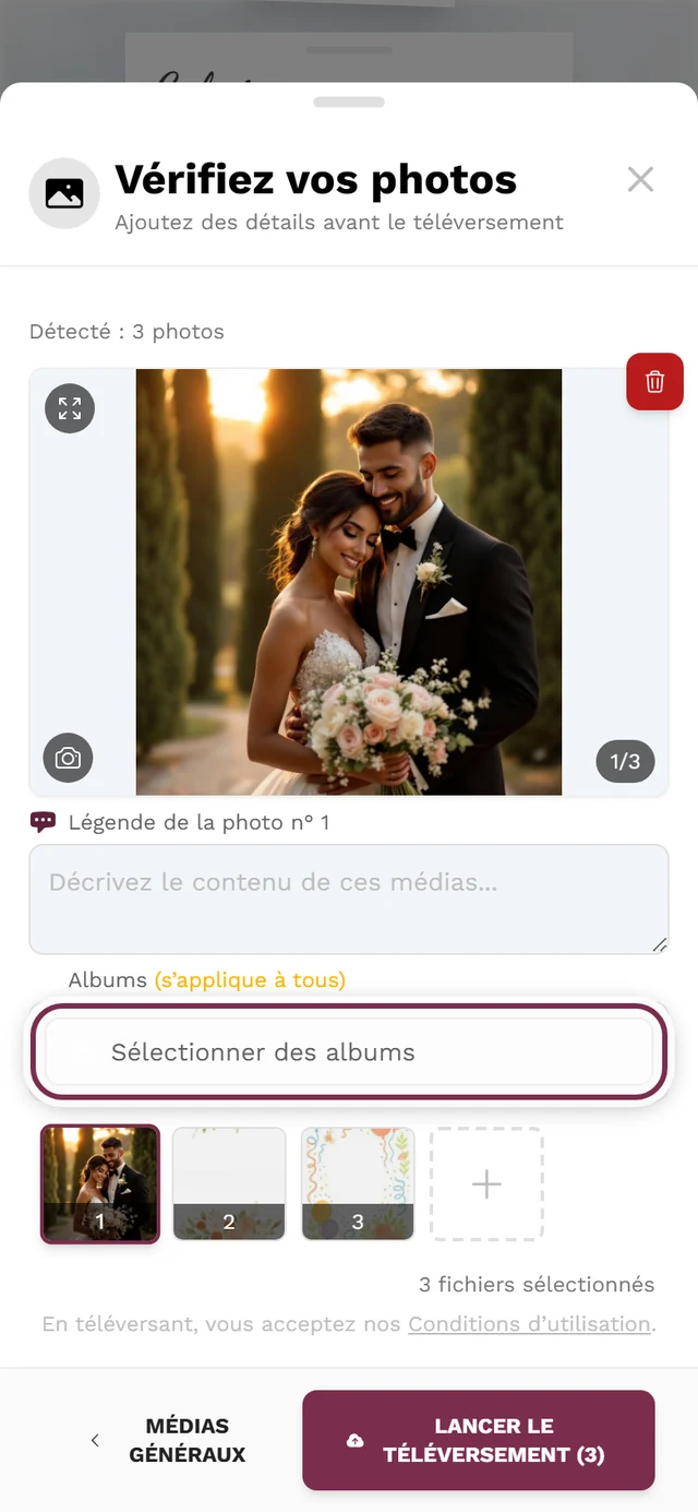 Écran de vérification du téléversement avec le bouton Sélectionner des albums mis en évidence